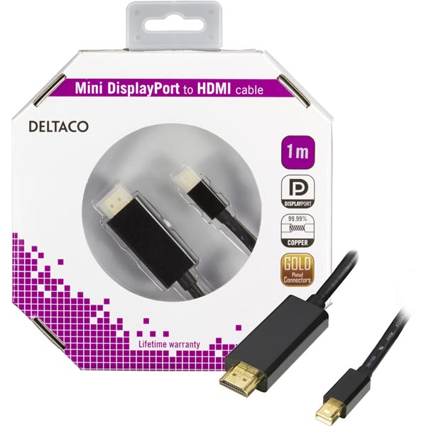 Deltaco Mini DisplayPort uros - HDMI uros, 1m, musta, laatikko